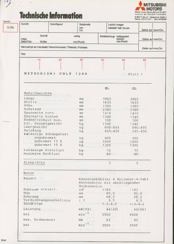 Mitsubishi Colt - teknisk specifikation